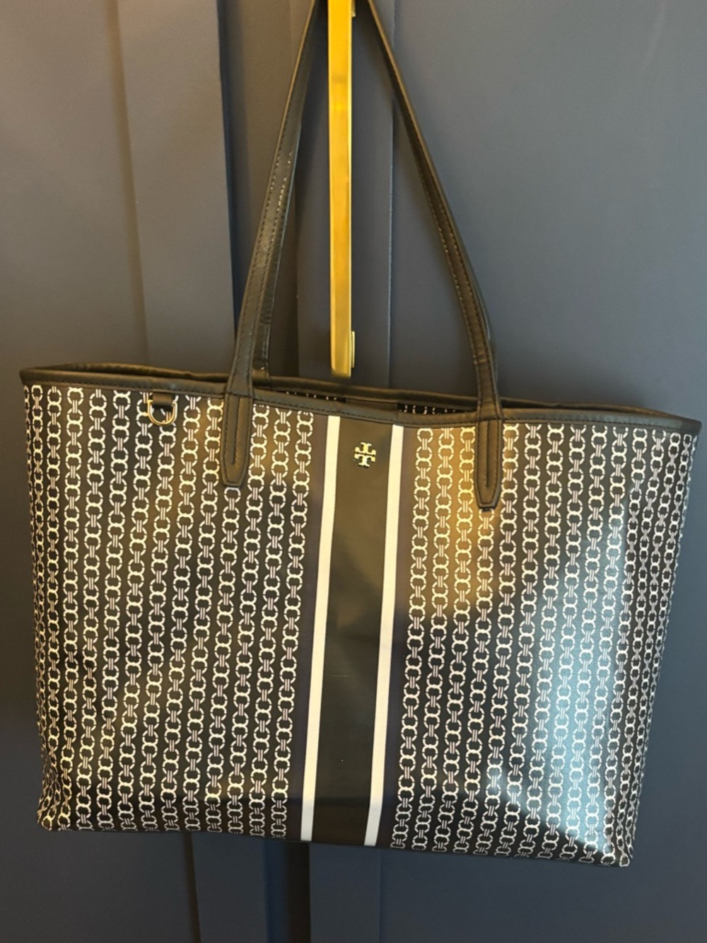 Tory Burch Black Logo-Print Tote with Center Stripe